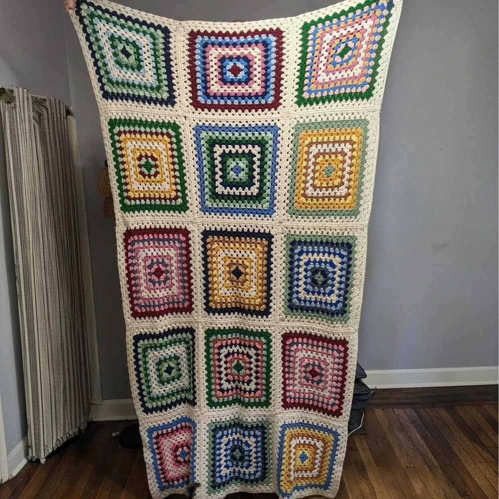 Vtg Handmade Crochet Granny Square Afghan Throw Blanket Multicolor Boho 52x84